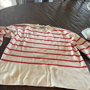 Zara Red and Cream Striped Crew Neck Sweater